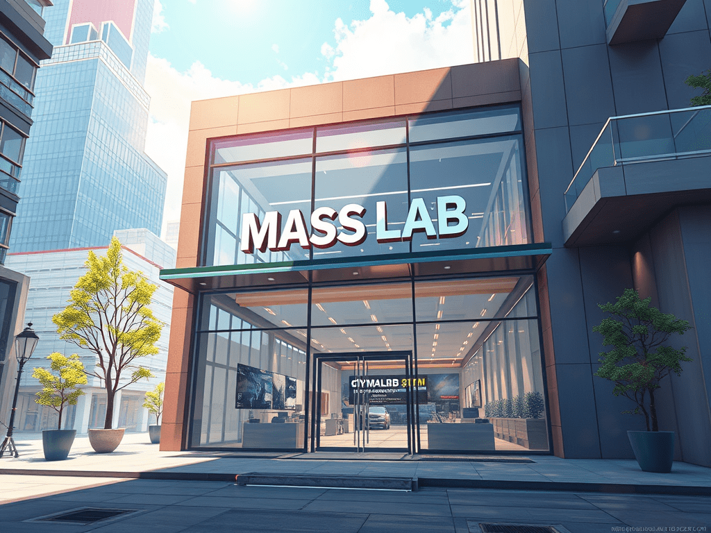 Entrada moderna del gimnasio MassLab, con grandes ventanales y un cartel visible con el nombre del gimnasio en letras prominentes.